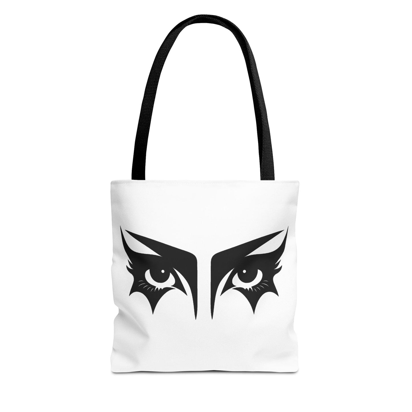 A gothic tote bag that has an illustration of trad goth makeup against a white background.