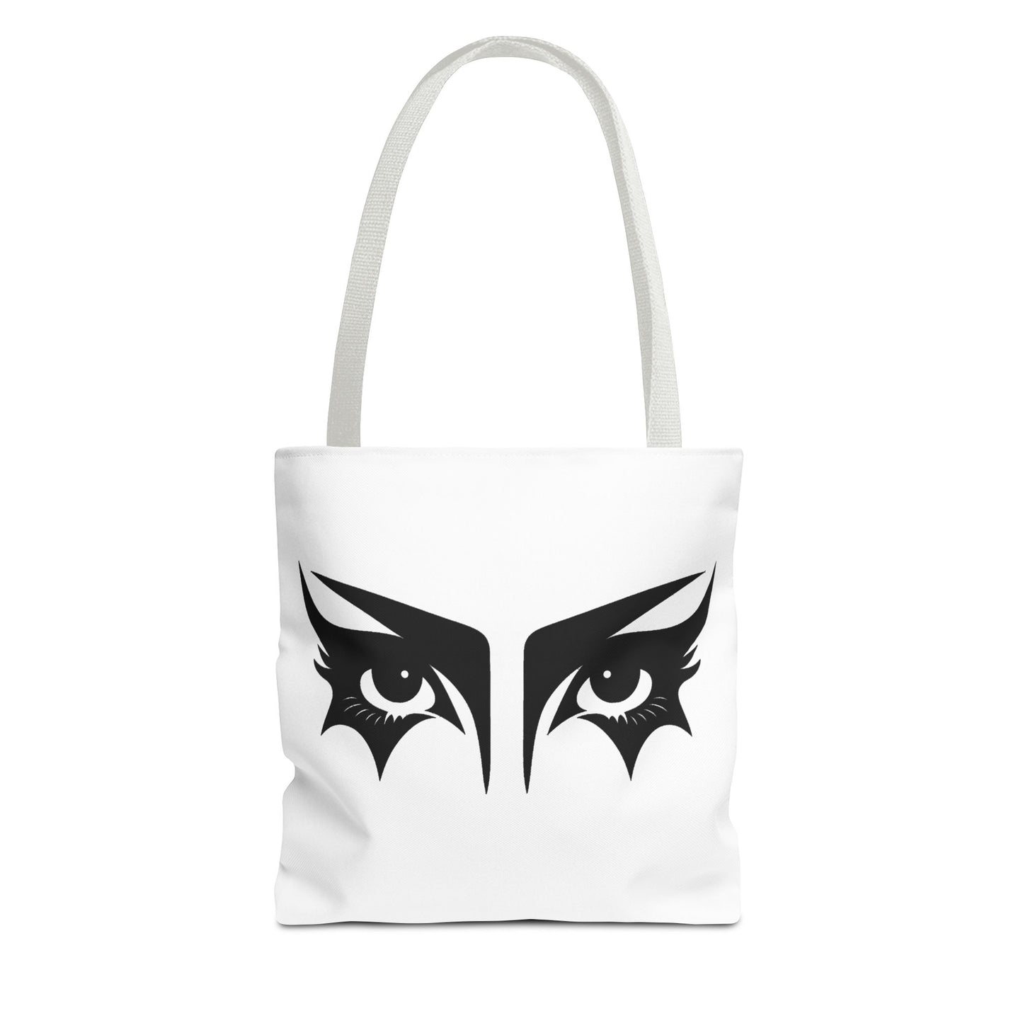 A gothic tote bag that has an illustration of trad goth makeup against a white background.