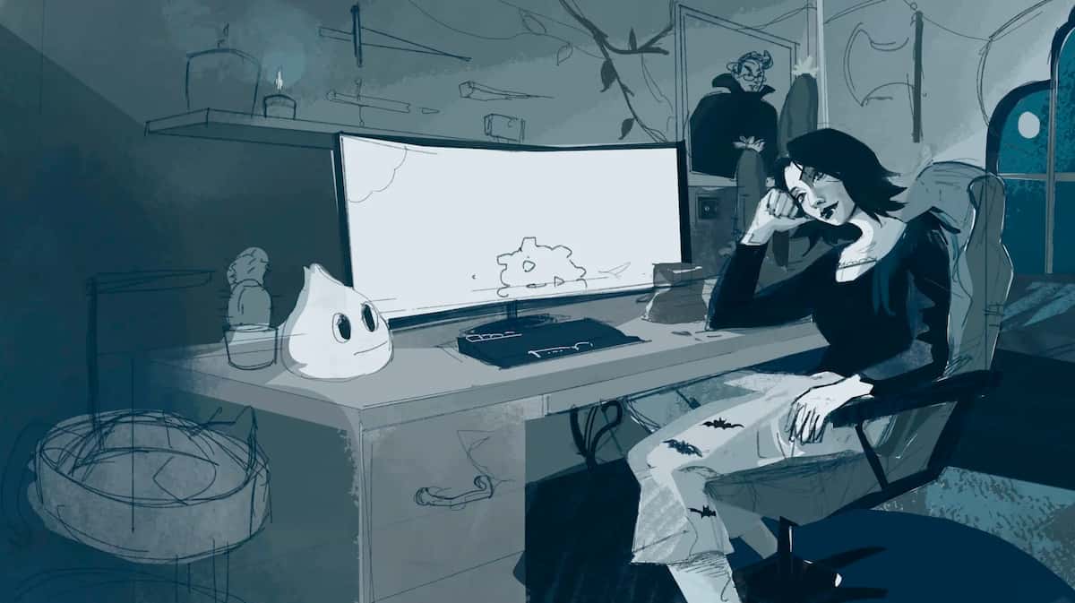 Illustration by SaeArt of a gothic woman with pale skin and bat-print pants sitting at a desk in front of a glowing computer screen, symbolizing the need for blue light sunscreen to protect her vampiric glow.