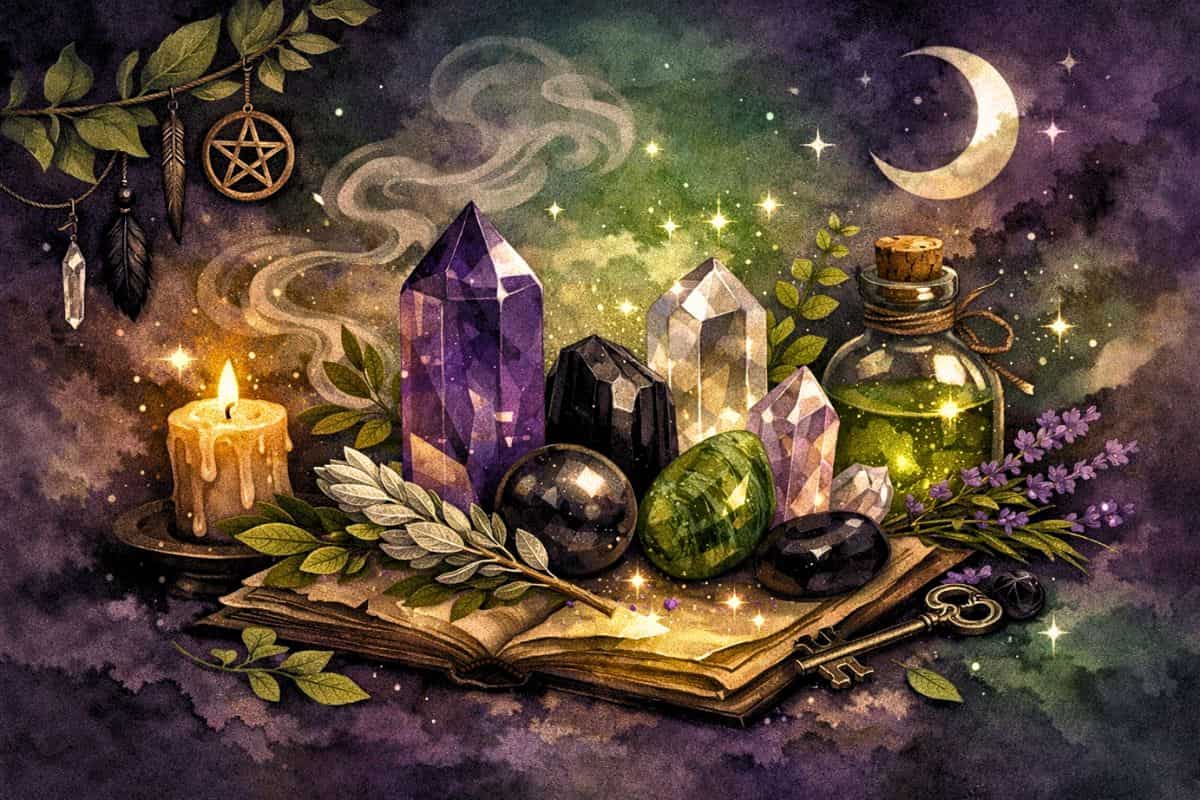 Witchy illustration of healing crystals with purple and green tones, featuring amethyst, quartz, herbs, candlelight, and protective magical symbols.