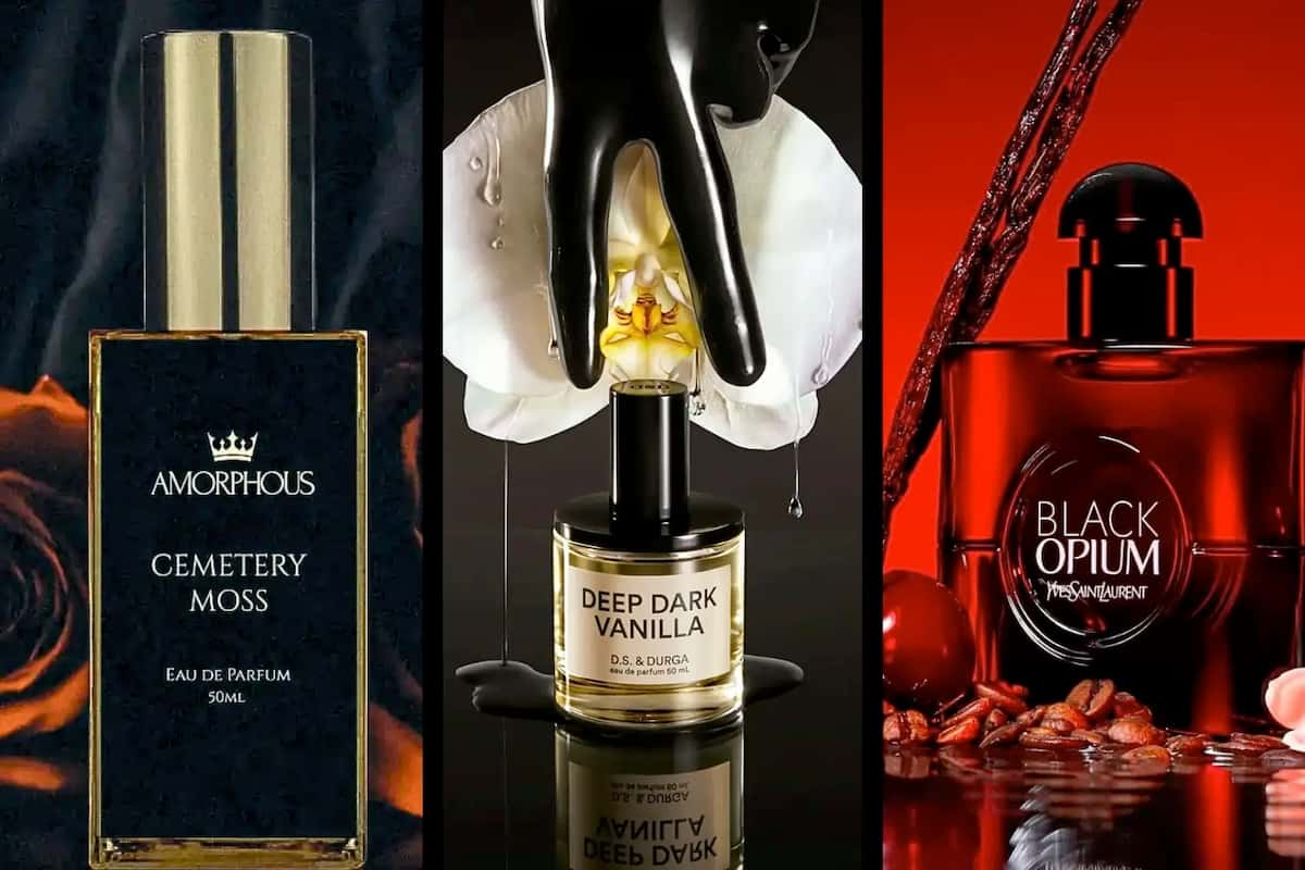 A banner showing three featured gothic perfumes: Cemetery Moss, Deep Dark Vanilla, and Black Opium.