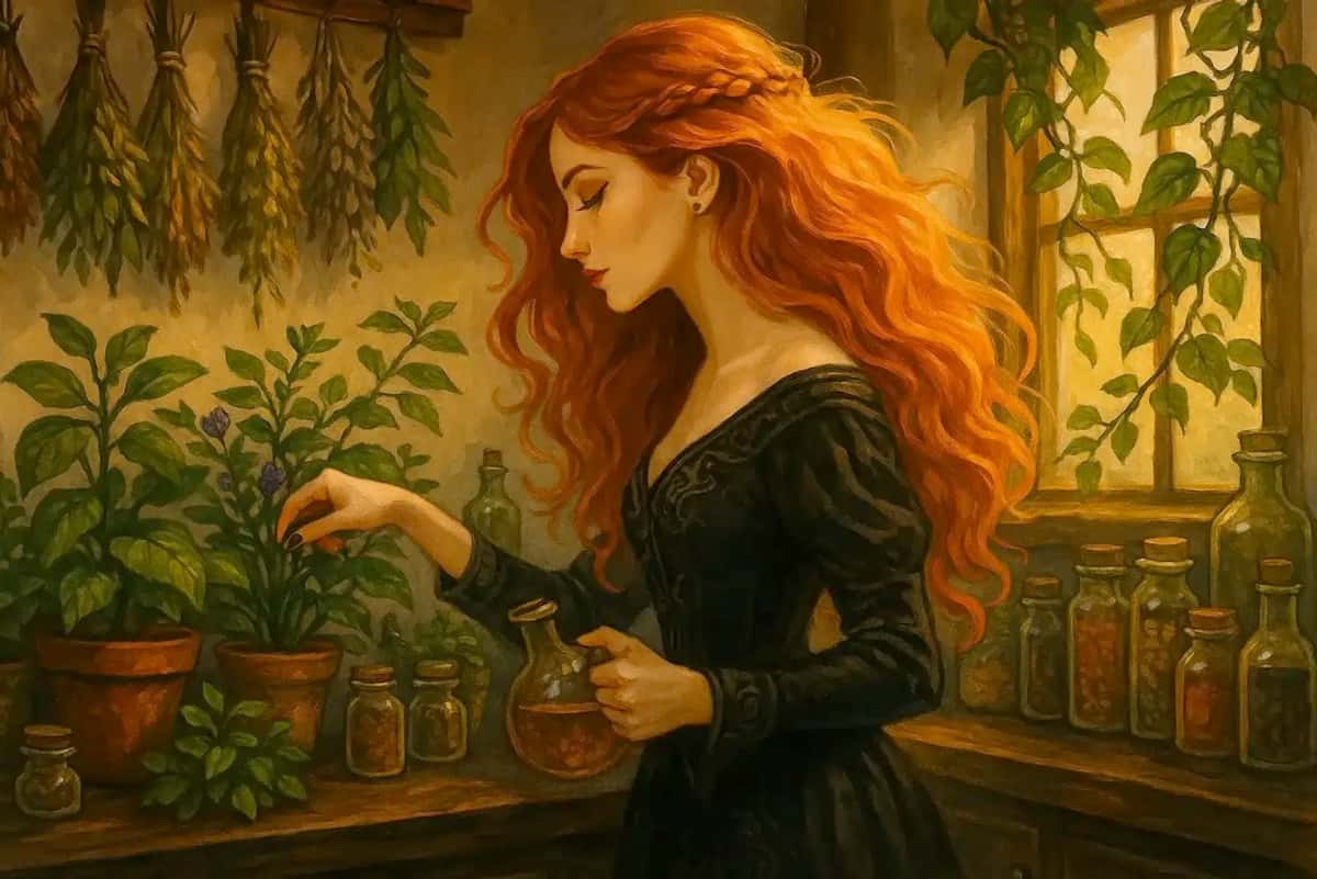 A Green Witch in a dark green dress and flowing auburn hair casting a money spell in her kitchen.
