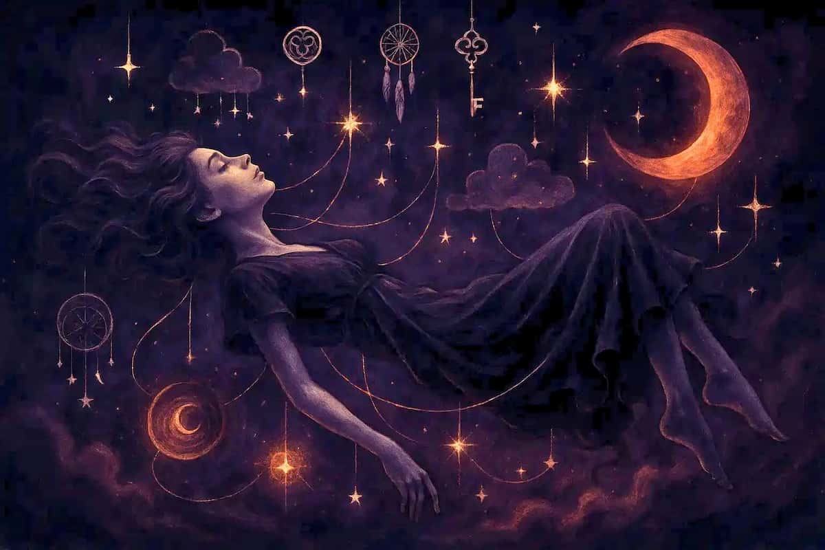 Surreal digital painting of a woman in a black dress floating in a cosmic dreamscape, surrounded by stars, keys, and a crescent moon in deep purples and fiery oranges.
