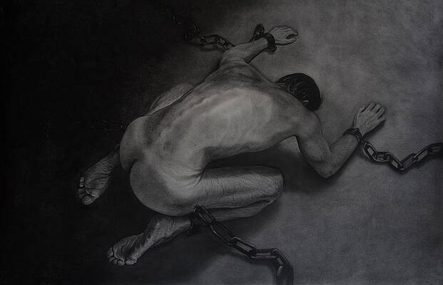 A Black and White illustration of a naked man in a submissive position, chained to the floor, representing Masochism. By Jonathan Cole.