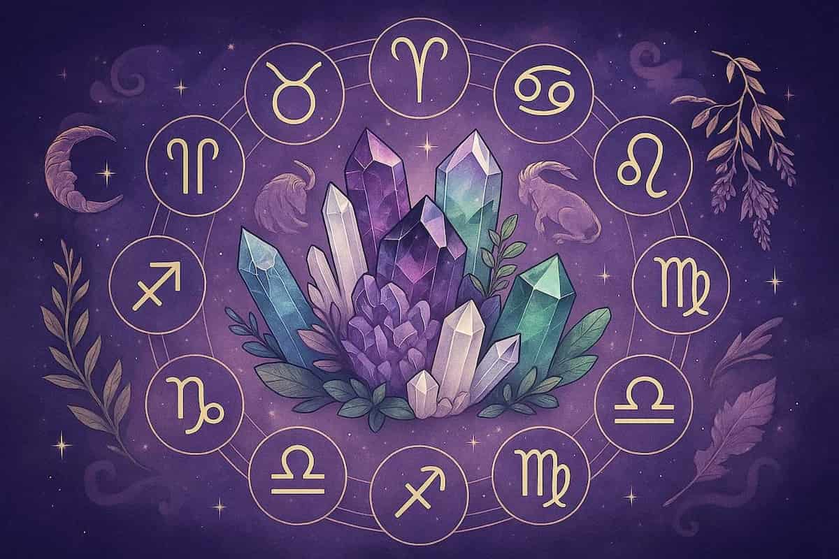 Horizontal digital illustration featuring all twelve zodiac signs encircling a glowing crystal cluster on a celestial background with stars and astrological symbols.