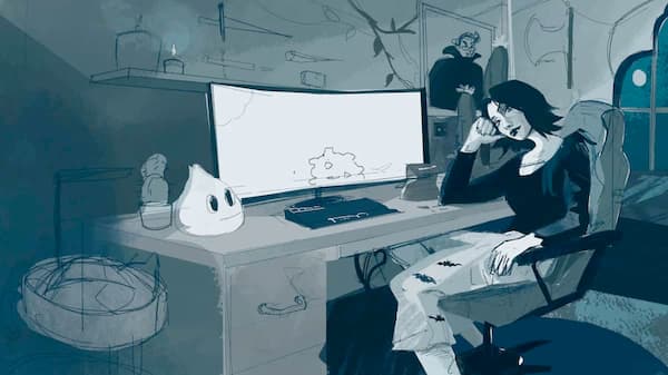 Illustration by SaeArt of a gothic woman with pale skin and bat-print pants sitting at a desk in front of a glowing computer screen, symbolizing the need for blue light sunscreen to protect her vampiric glow.