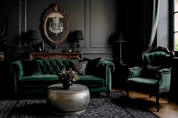Gothic style living room with dark walls, green velvet furniture, silver accents, and moody yet elegant lighting.