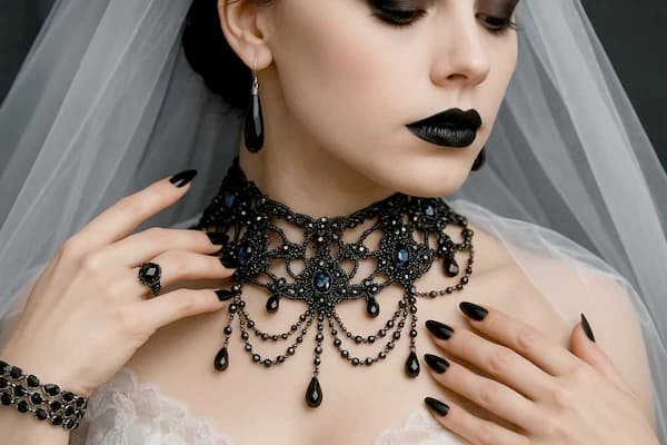 Close-up of a gothic bride wearing black sapphire necklace, goth earrings, and romantic goth wedding jewelry.