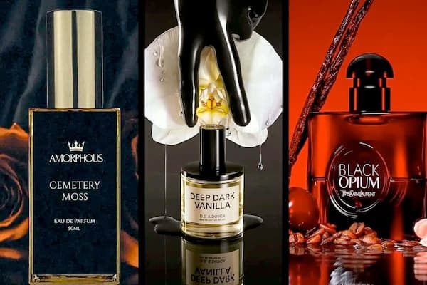 A banner showing three featured gothic perfumes: Cemetery Moss, Deep Dark Vanilla, and Black Opium.
