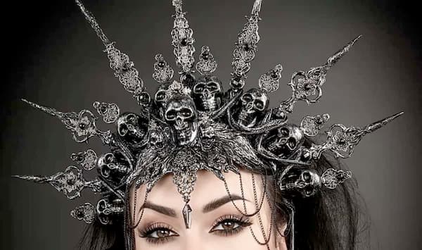 Gothic bride wearing a large pewter skull headdresses for her goth wedding