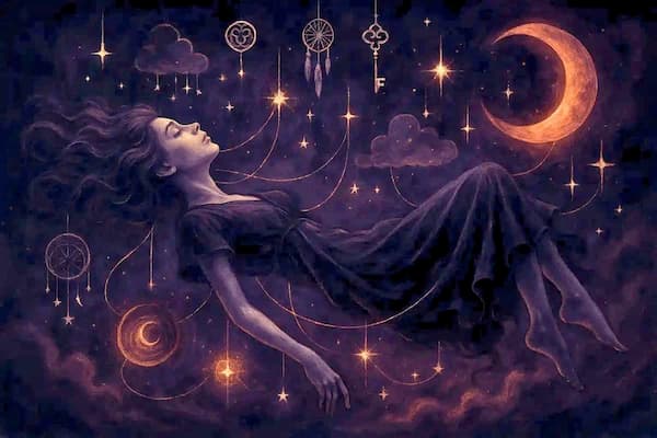 Surreal digital painting of a woman in a black dress floating in a cosmic dreamscape, surrounded by stars, keys, and a crescent moon in deep purples and fiery oranges.