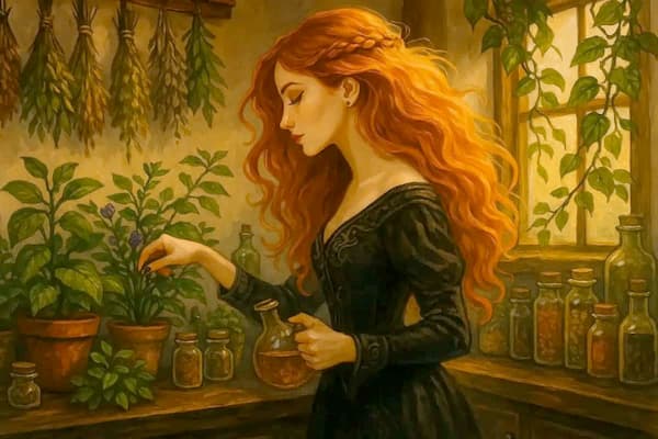 A Green Witch in a dark green dress and flowing auburn hair casting a money spell in her kitchen.