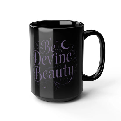 Black mug with 'Be Devine Beauty' text on a white background
