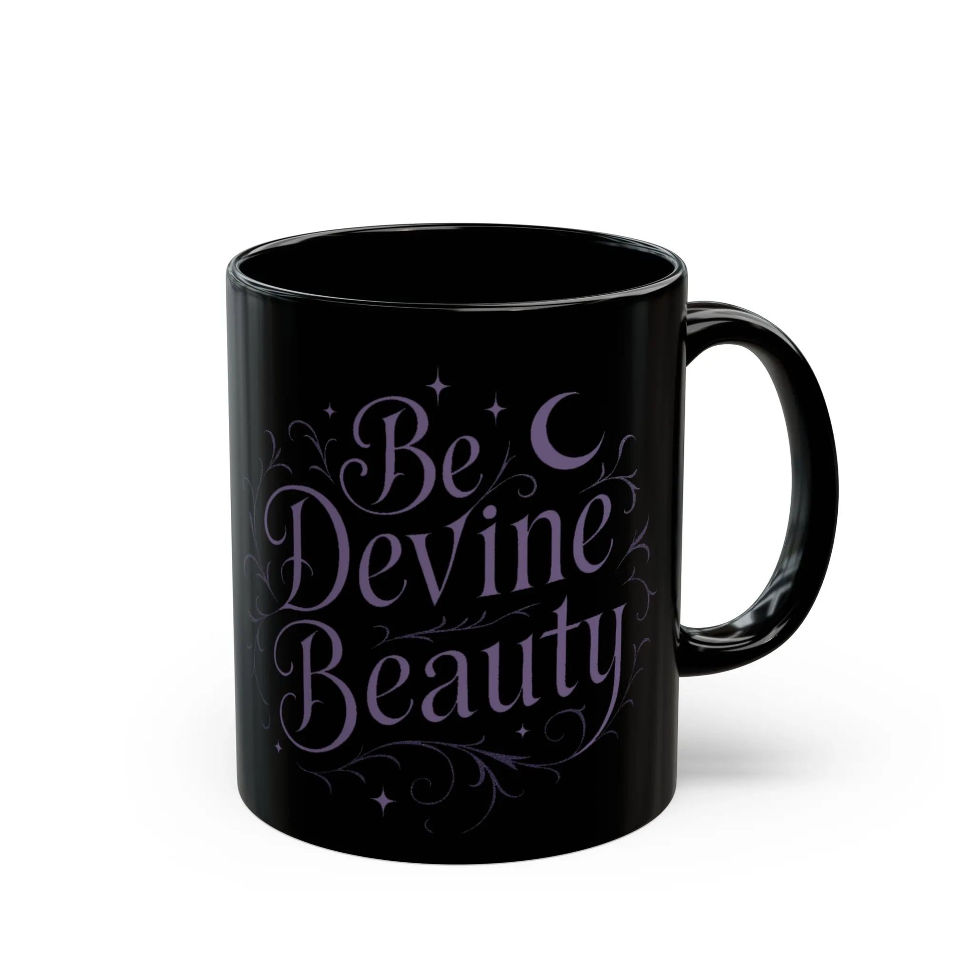 Black mug with 'Be Devine Beauty' text in purple on a white background