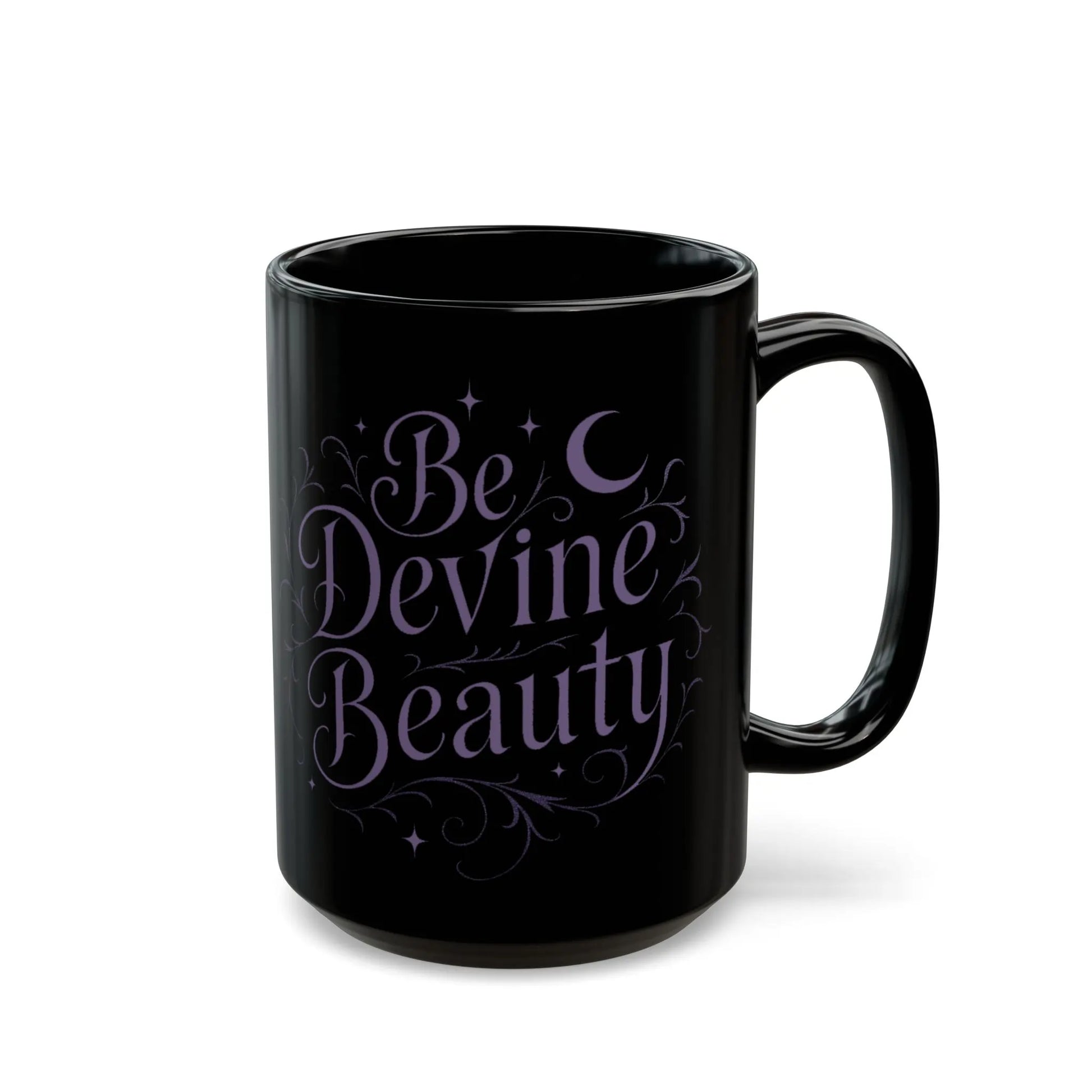 Black mug with 'Be Devine Beauty' text on a white background