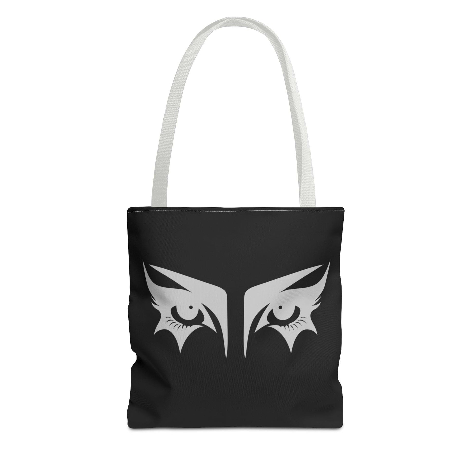 A gothic tote bag that has an illustration of trad goth makeup against a black background.