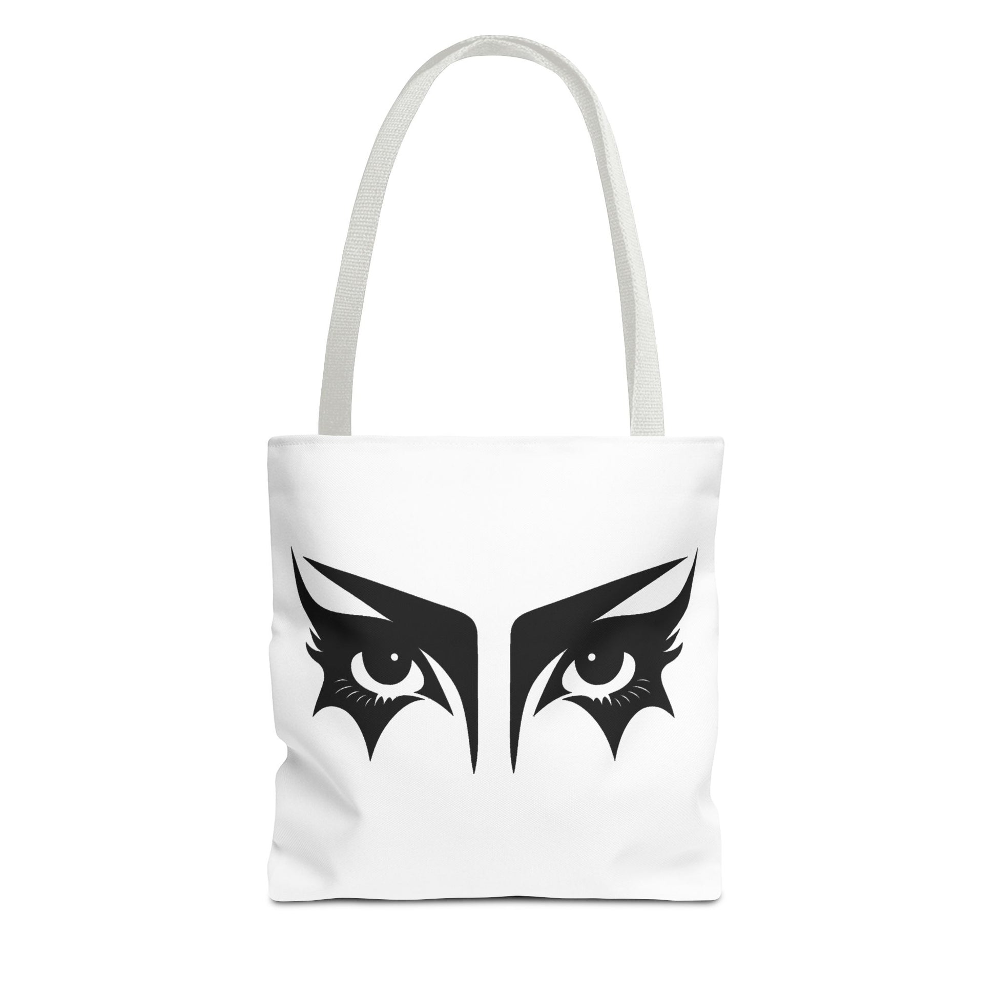 A gothic tote bag that has an illustration of trad goth makeup against a white background.